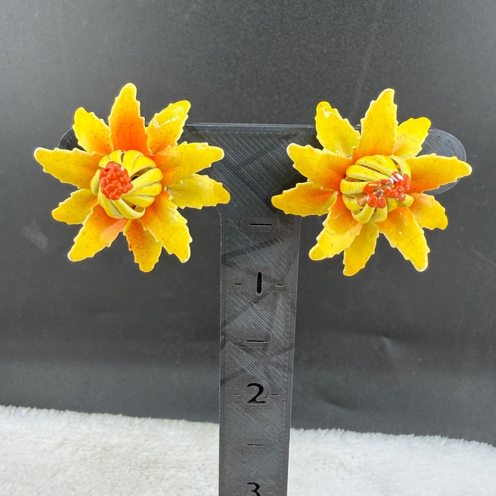 Vintage Enamel Flower Clip On Earrings Yellow Orange Floral